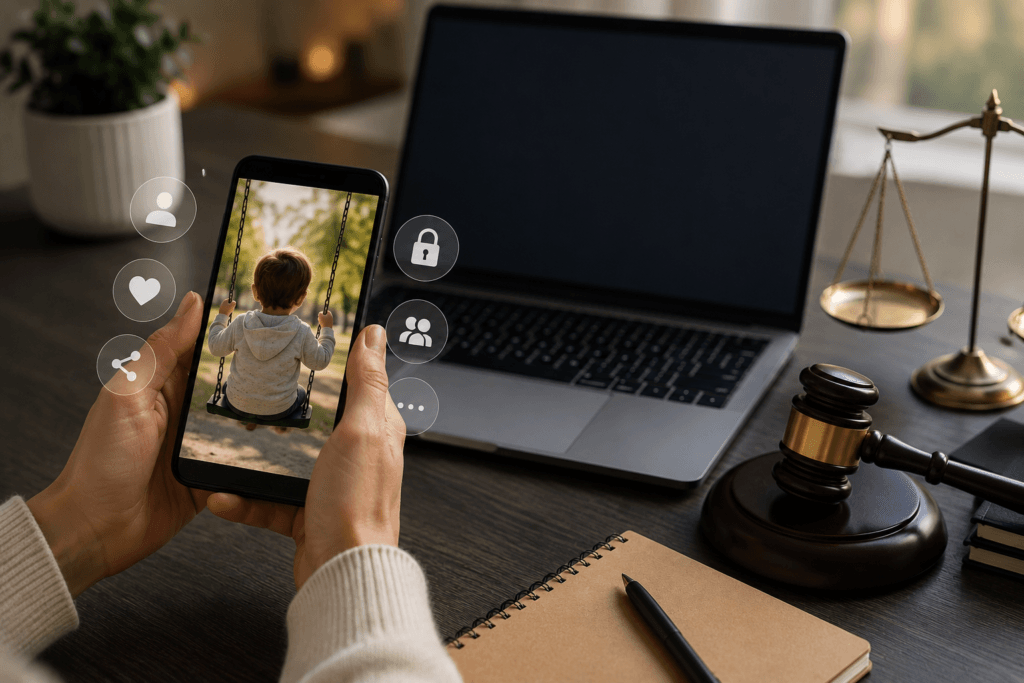 Eine Person, die ein Foto eines Minderjährigen auf einem Handy überprüft, bevor sie es in sozialen Netzwerken teilt