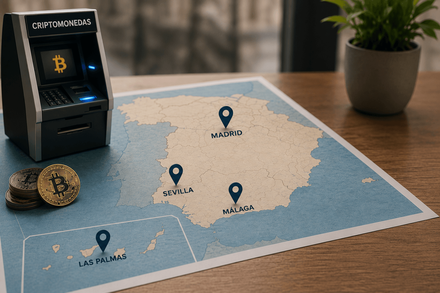 Mapa de España con ubicaciones de cajeros de criptomonedas en Madrid, Sevilla, Málaga y Las Palmas