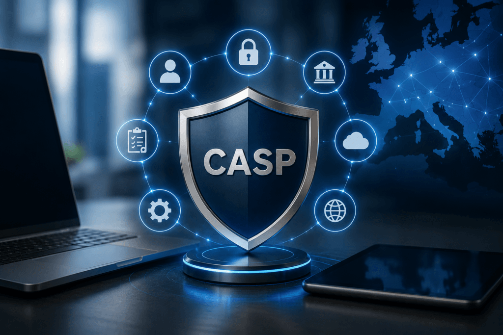 Escudo digital con las siglas CASP y símbolos de seguridad y cumplimiento normativo en Europa