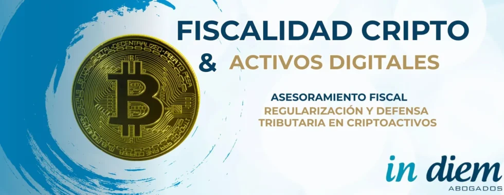 Imagen promocional sobre fiscalidad en criptomonedas y activos digitales, con una moneda de Bitcoin y el texto 