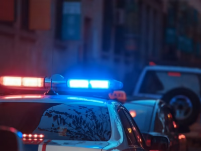 Luces de coche de policía en una calle de noche para ilustrar la cancelación de antecedentes policiales.