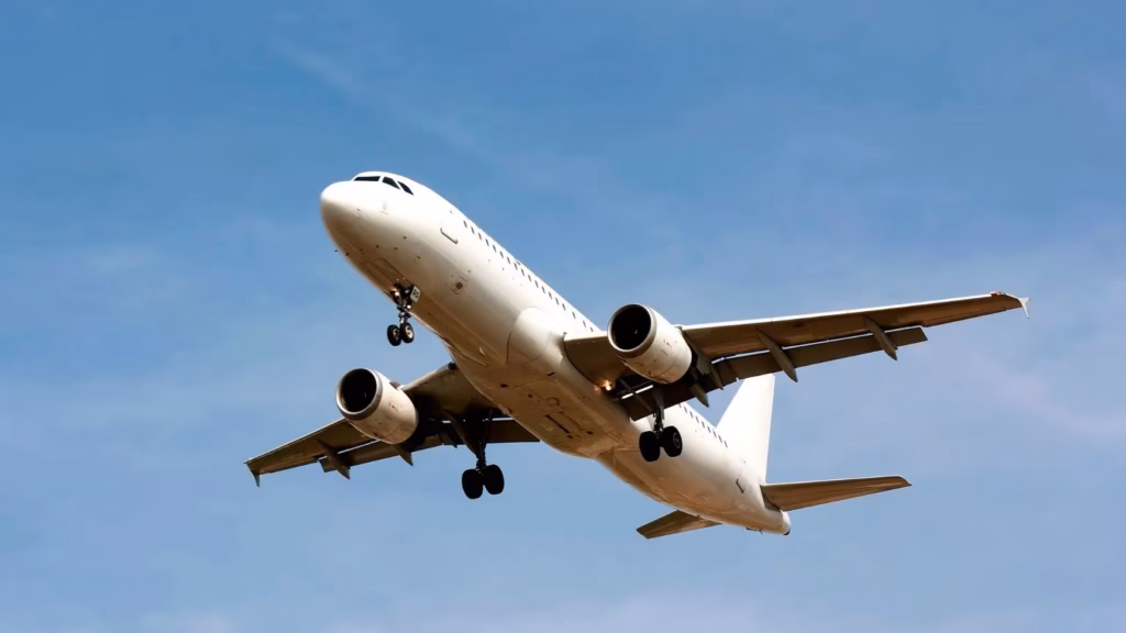 Commercial airplane flying under a clear blue sky, representing the international assignment of workers.