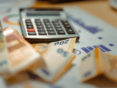 Euro banknotes next to a calculator and charts, representing money lost to banking phishing.