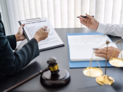 Abogado revisando contrato de términos y condiciones financieros junto a una balanza y un mazo de justicia.