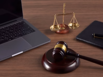 Judge's gavel, scales of justice, and laptop on office desk for permanent disability lawyers.