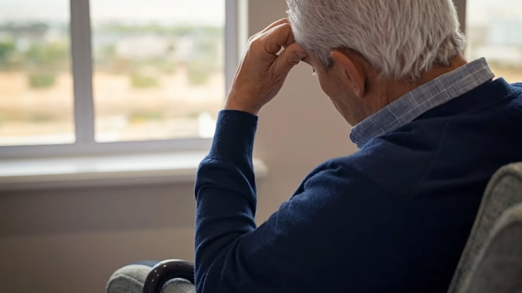 Senior, der mit dem Rücken zum Fenster sitzt und nachdenklich über richterliche Unterstützungsmaßnahmen denkt.