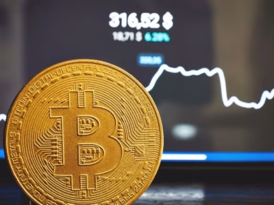Moneda de Bitcoin frente a una pantalla con gráficas de cotización para pagar abogados con criptomonedas.