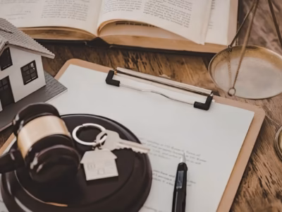 Judicial gavel, house keys, and scales of justice on documents for defending squatting cases.