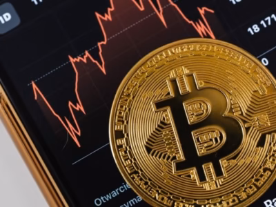 Moneda Bitcoin sobre gráfico de caída en móvil para ilustrar bloqueos técnicos en exchanges bajo normativa MiCA.