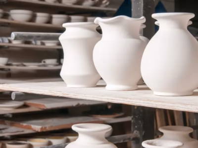 White ceramic vases on wooden shelves representing the Domínguez family’s centenary legacy.
