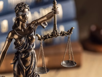 Gold scales of justice on a wooden table. Corporate commitment and corporate compliance.