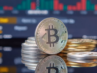 Monedas de Bitcoin físicas sobre fondo de gráficos bursátiles para el análisis de riesgo en Cryptoder Exchange.