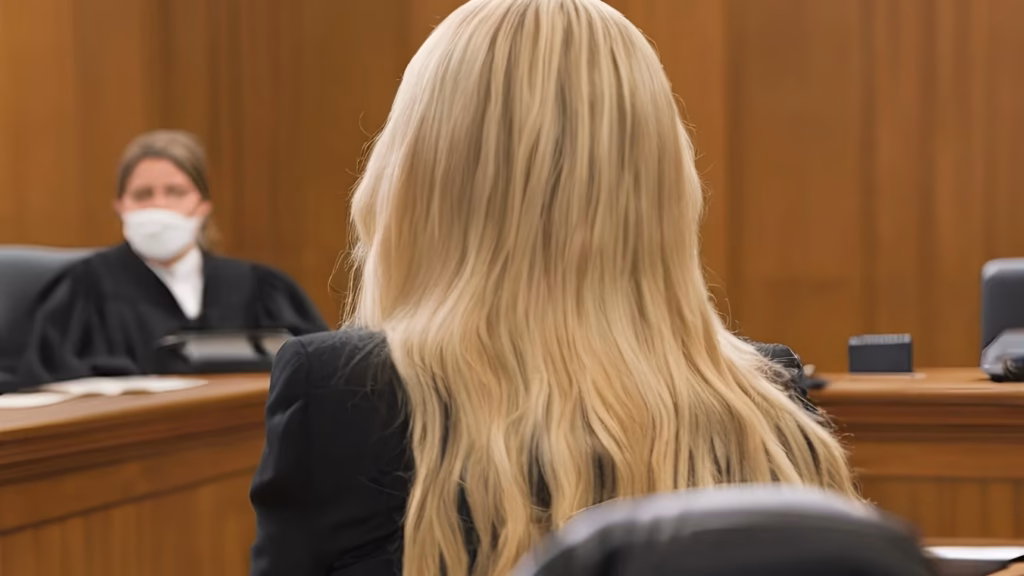 View from the stand of a person before a judge in a courtroom regarding the right to remain silent.