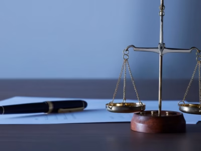 Balanza de la justicia y pluma sobre documentos, representando el control fiscal de la Directiva DAC8 en la UE.