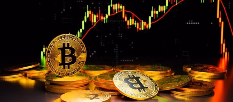 Monedas de Bitcoin frente a un gráfico bursátil para ilustrar fallos en software fiscal de criptoactivos.