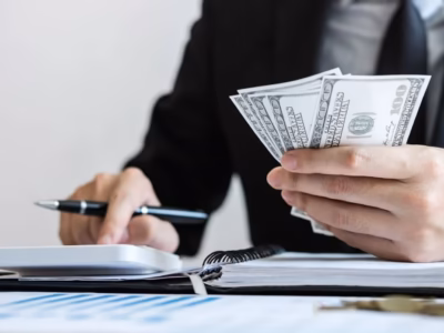 Lawyer with calculator and money representing the annulment of abusive default interest in banking law.