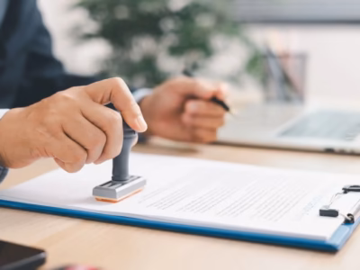 Hand of a professional placing a seal on an official document. Legalization and Hague Apostille. 