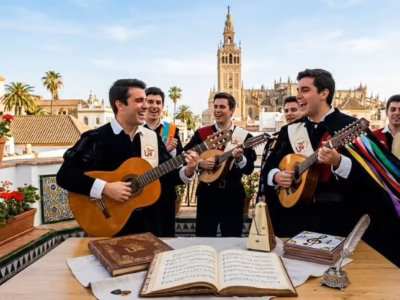 Integrantes de una tuna universitaria cantando con guitarras en una terraza con vistas a la Giralda de Sevilla.