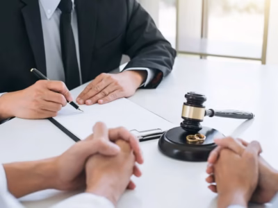 Pareja frente a abogado con mazo de madera para ilustrar un divorcio de mutuo acuerdo sin hijos de forma amistosa.