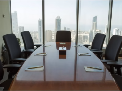 Modern meeting room with city views for the Rotary Smart Meeting event.