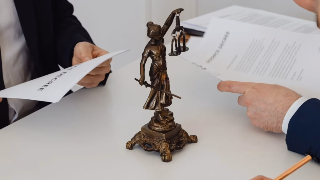 Estatua de la Justicia sobre mesa de despacho donde abogados revisan sanciones por incumplimiento de la directiva DAC8.