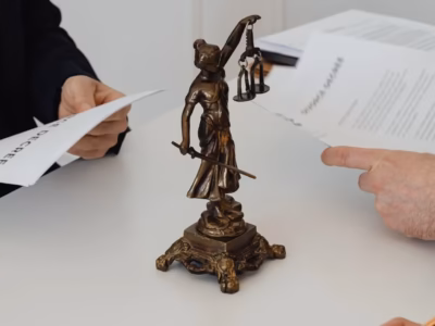 Estatua de la Justicia sobre mesa de despacho donde abogados revisan sanciones por incumplimiento de la directiva DAC8.