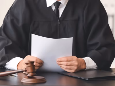 Juez con toga leyendo documentos judiciales junto a un mazo y balanza de la justicia en un juzgado.