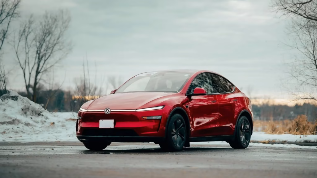 Coche Volkswagen rojo en un paisaje exterior para ilustrar el análisis jurídico de la Teoría del Caos.