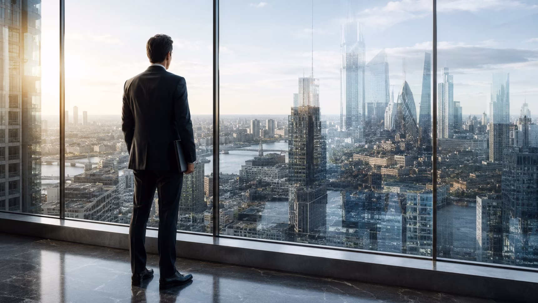 Abogado especializado en fiscalidad internacional observando un entorno empresarial global desde un edificio corporativo