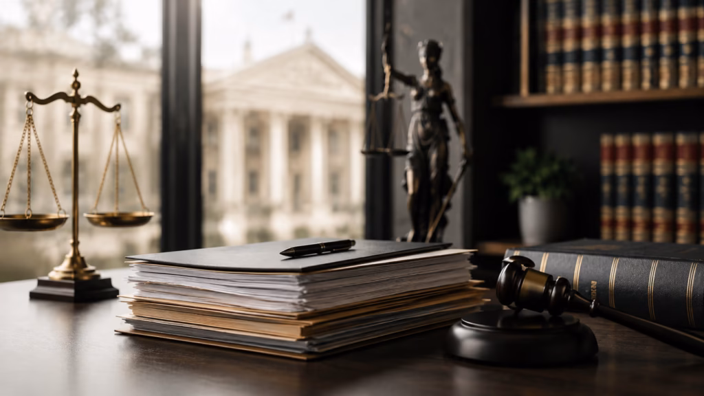 Expedientes jurídicos y símbolos de la justicia representando la defensa legal en procedimientos administrativos y contencioso-administrativos frente a la Administración Pública.
