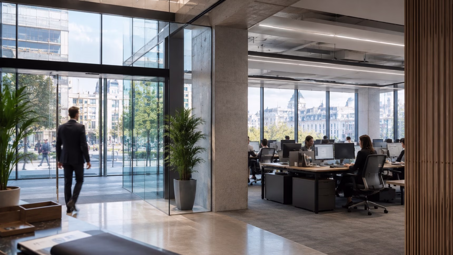 Oficinas corporativas en España con actividad empresarial estable, empleados trabajando y presencia operativa de una empresa extranjera