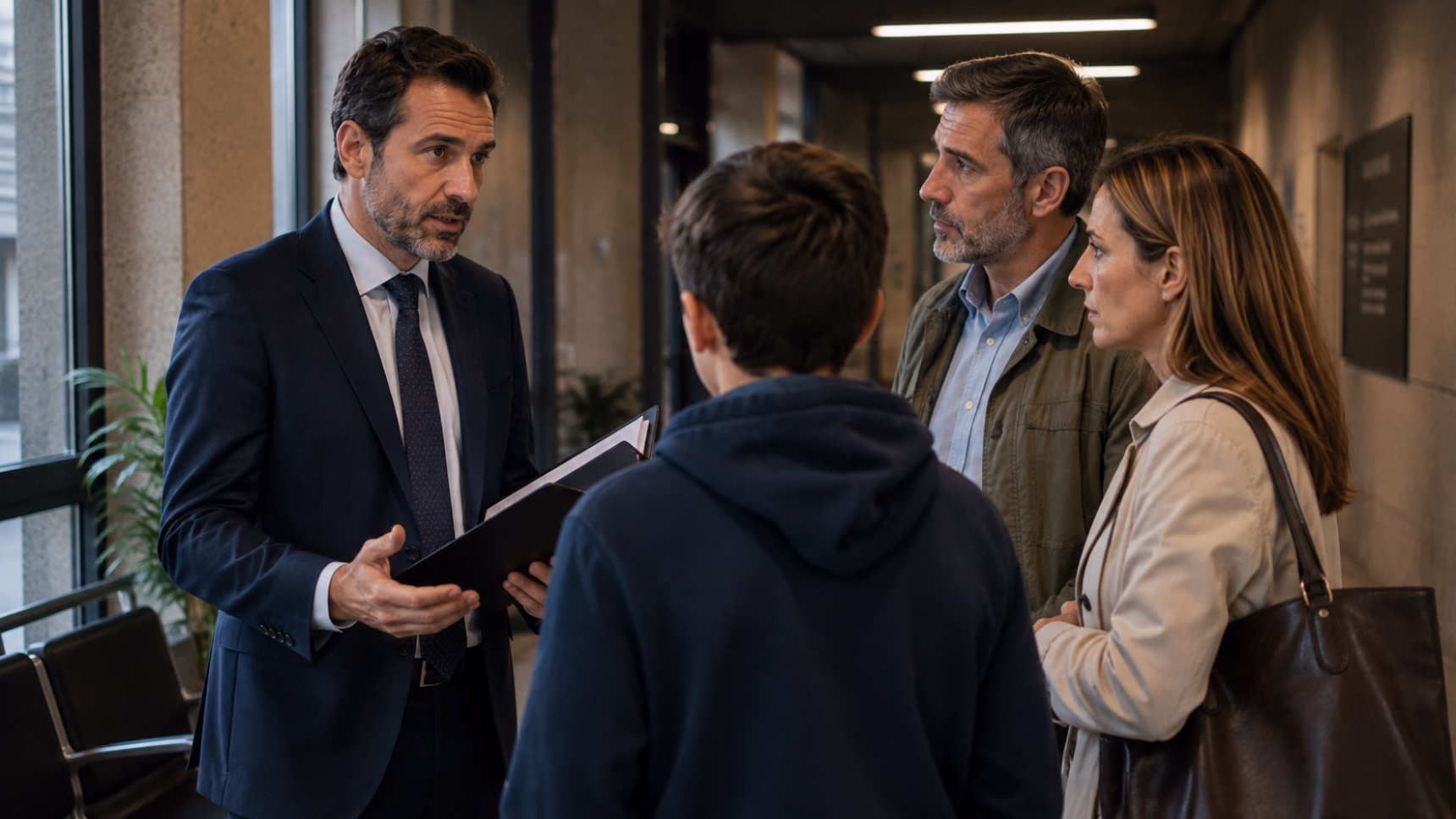 Abogado preparando con una familia una comparecencia ante Fiscalía de Menores