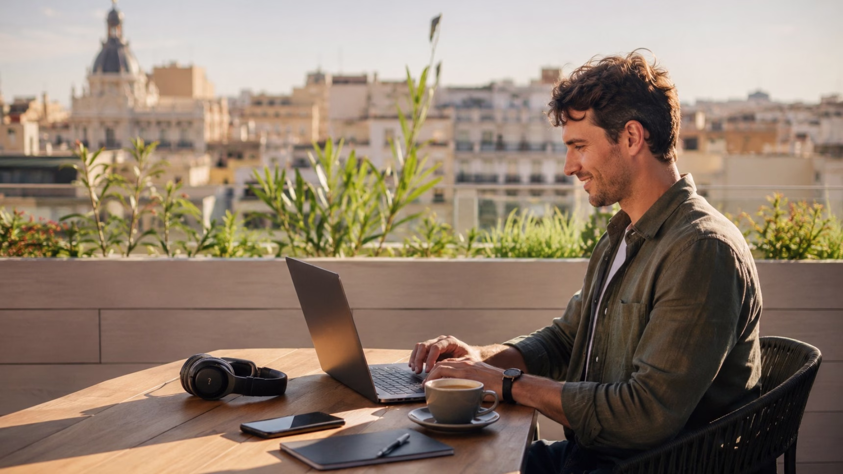 Profesional extranjero trabajando en remoto desde una terraza en España, imagen sobre fiscalidad para nómadas digitales