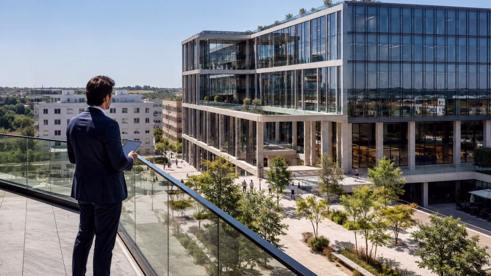 Inversor profesional observa un complejo empresarial en España desde una terraza corporativa mientras evalúa la inversión con una tablet