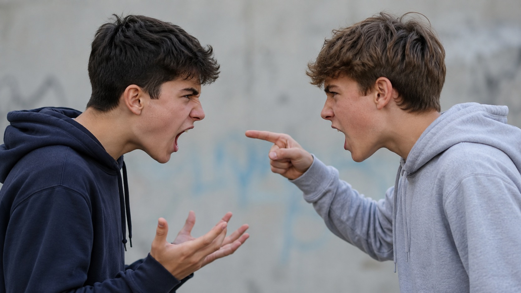 Dos adolescentes discutiendo de forma intensa antes de una posible pelea o agresión entre menores