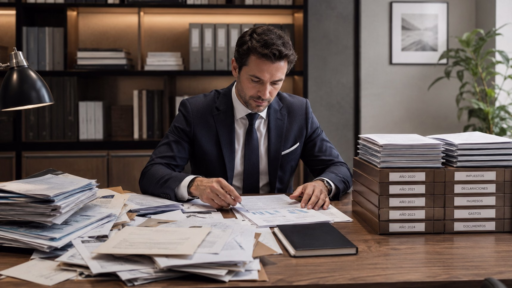 Profesional revisando y organizando documentación de ejercicios anteriores para una regularización fiscal de extranjeros en España