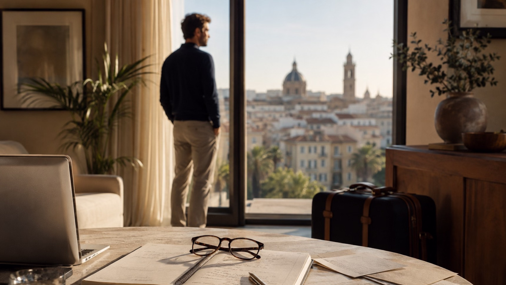 Persona contemplando una ciudad española desde su hogar con objetos cotidianos que representan arraigo y residencia fiscal en España