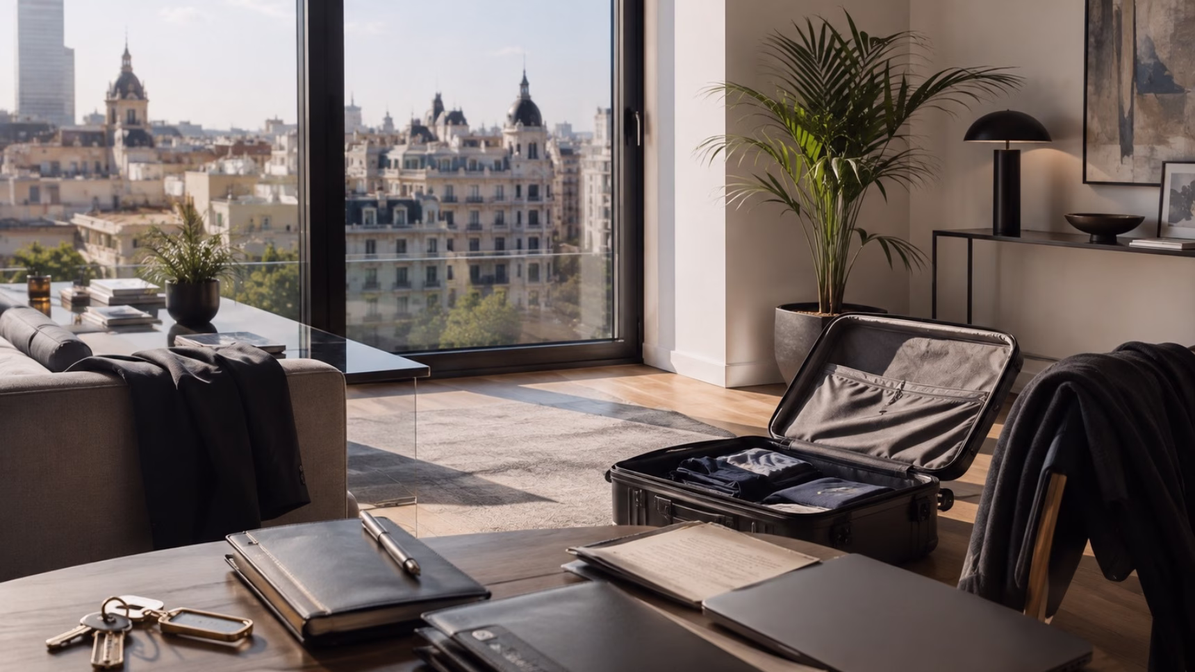 Apartamento moderno en España con maleta, llaves y objetos personales que representan la residencia fiscal internacional