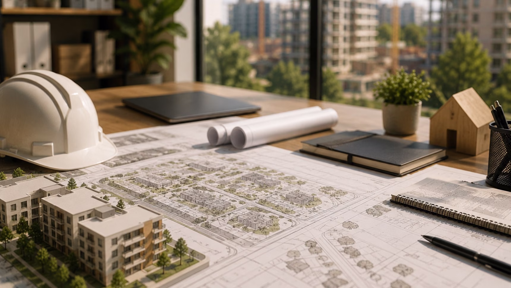 Arbeitstisch eines Architekturstudios mit Stadtplänen, Wohnmodellen und Wohnprojekten in einer Immobilienentwicklungsumgebung.