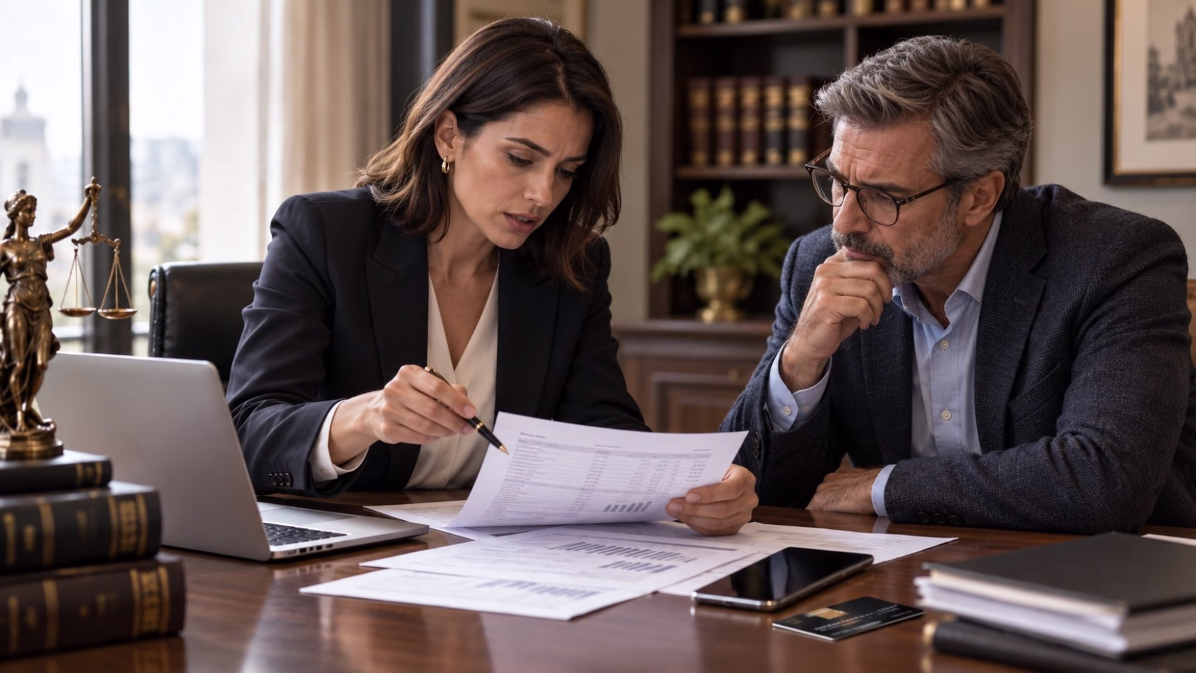Abogada revisando con un cliente documentación sobre fraude bancario y operaciones no autorizadas
