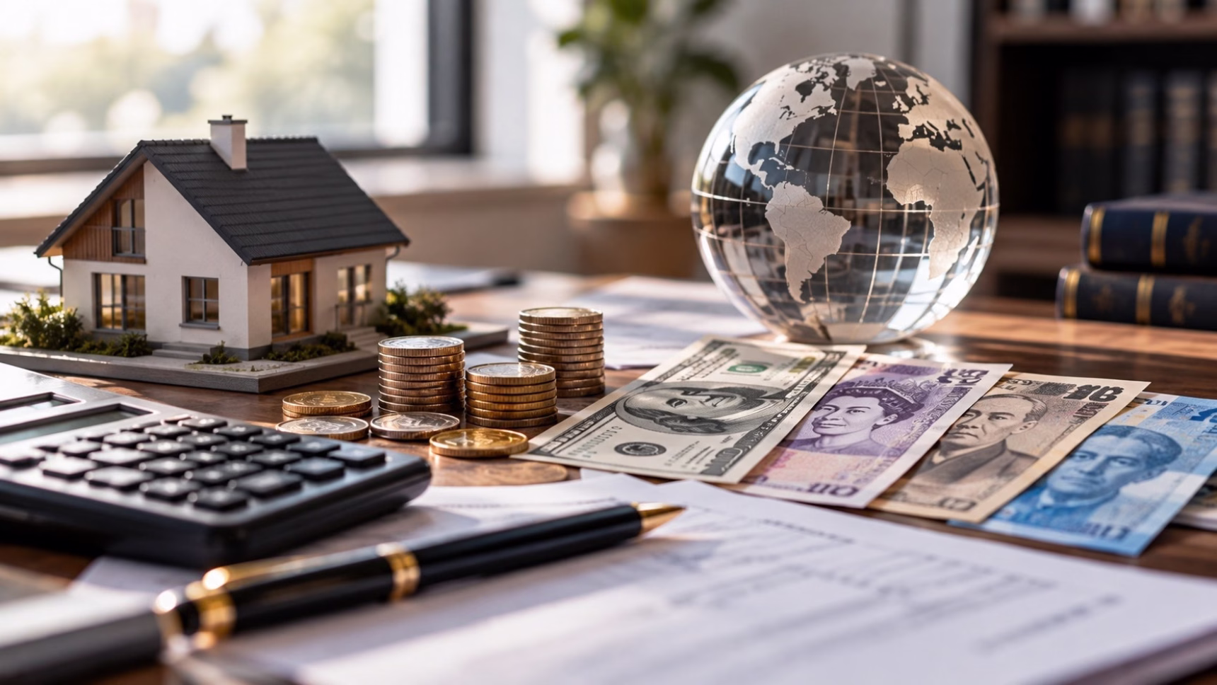 Maqueta de vivienda junto a monedas y billetes de distintas divisas para representar una hipoteca multidivisa
