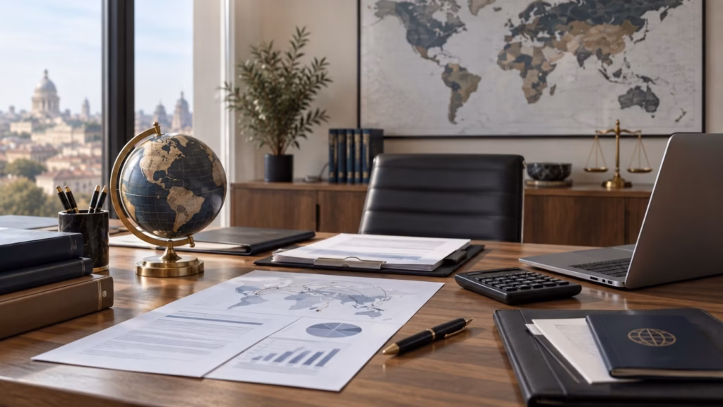 Despacho profesional con mapas y documentación sobre fiscalidad internacional y convenios de doble imposición