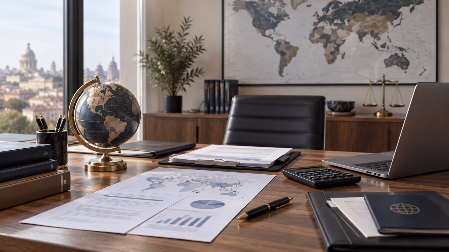 Despacho profesional con mapas y documentación sobre fiscalidad internacional y convenios de doble imposición