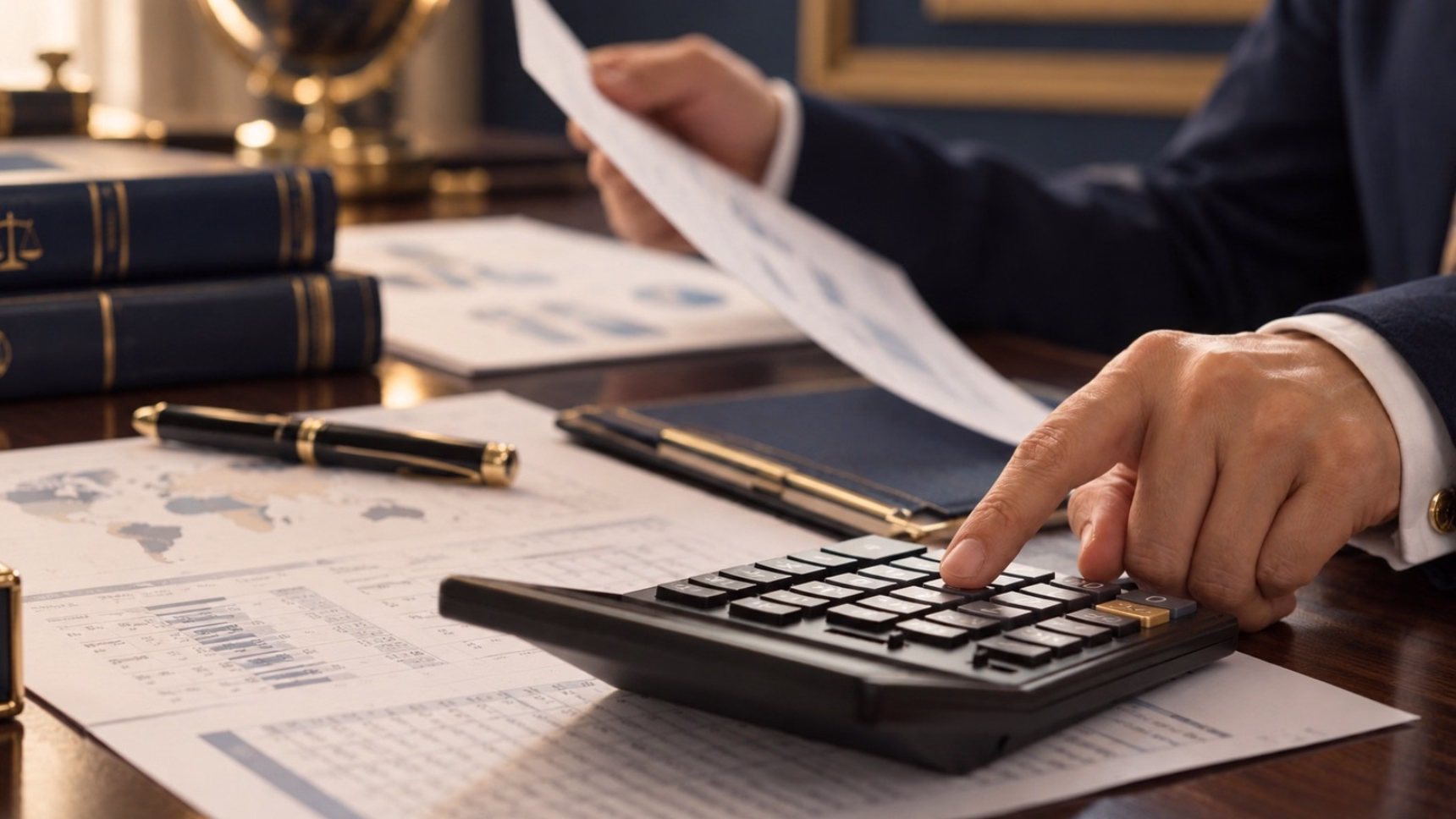 Abogado revisando documentación y calculando la fiscalidad de una herencia internacional
