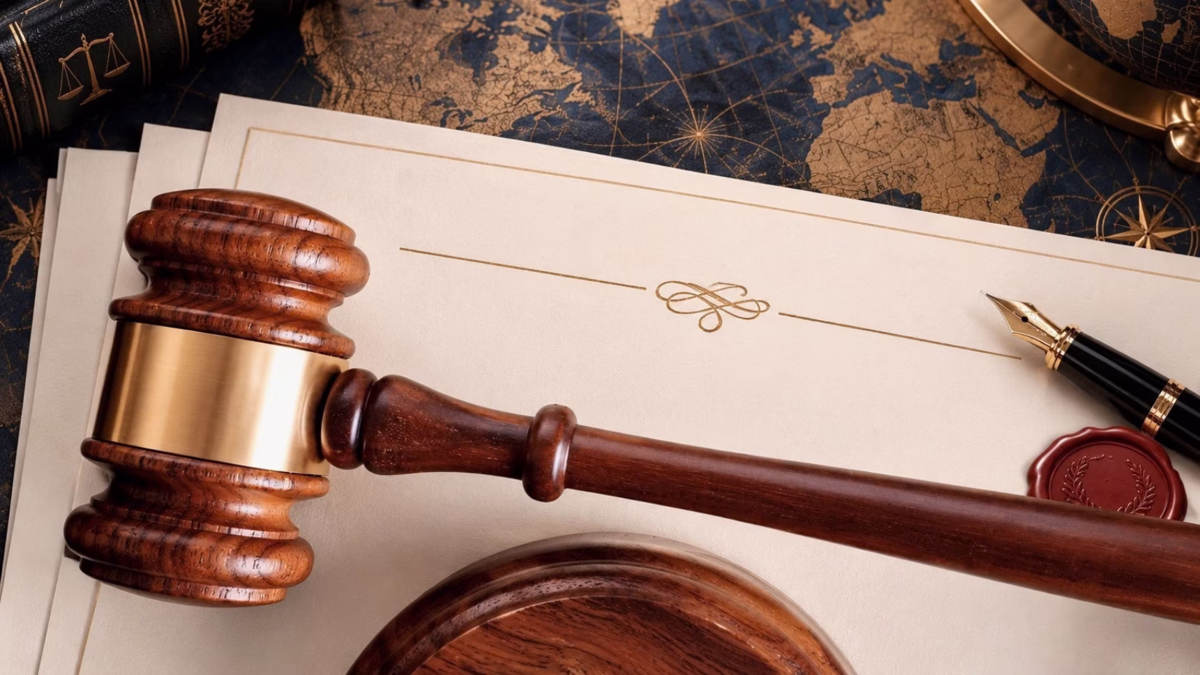 Mazo judicial, documentos y mapa mundial representando una herencia internacional
