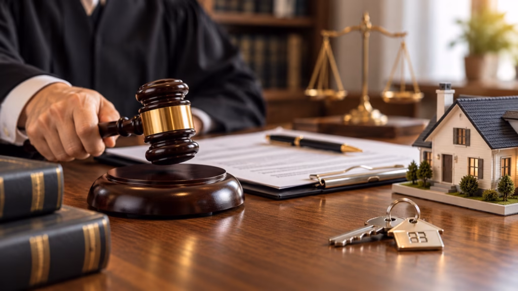 Mazo judicial junto a una maqueta de vivienda y unas llaves, representando la autorización judicial para comprar una vivienda.