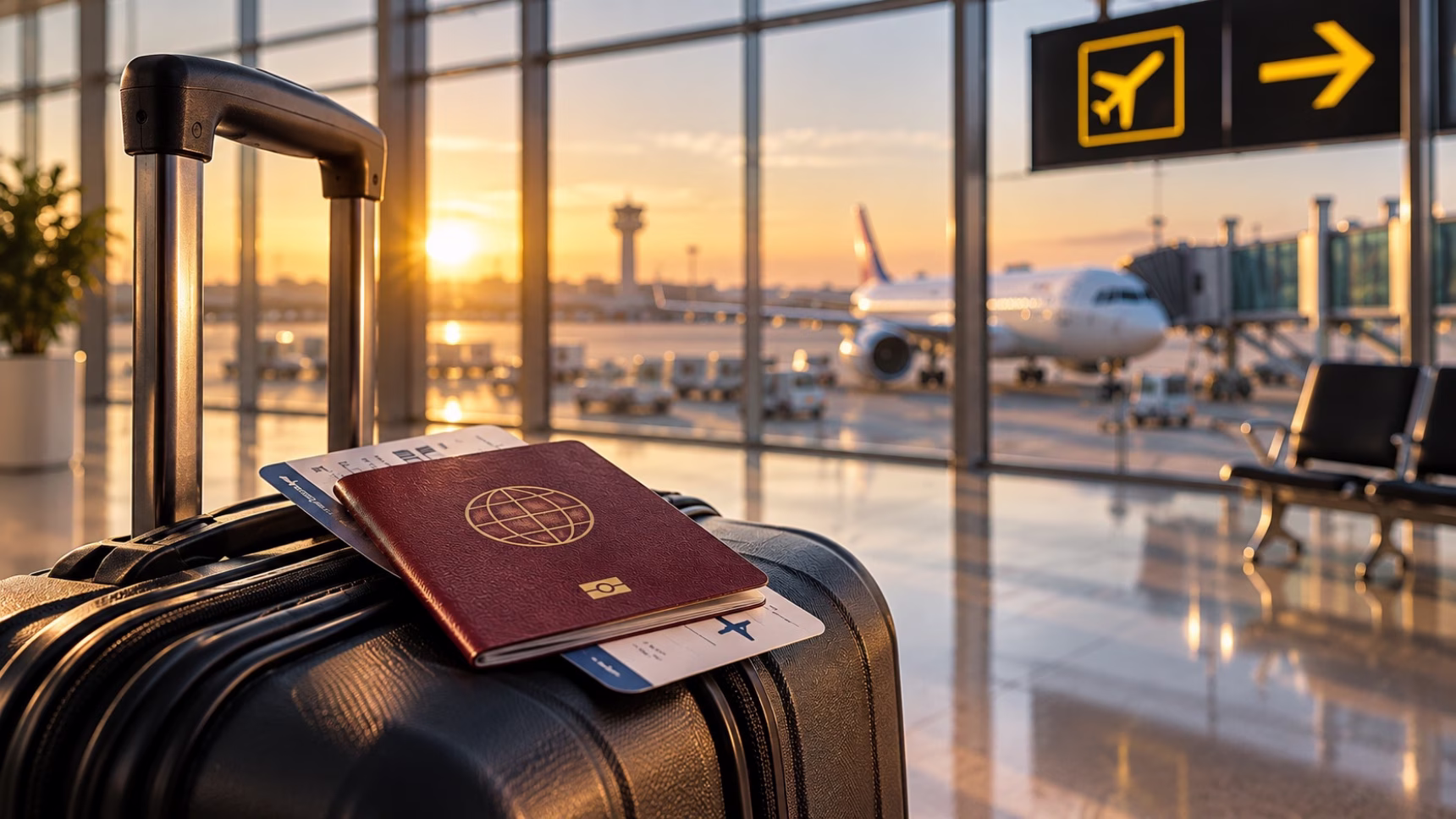 Pasaporte y tarjeta de embarque sobre una maleta en un aeropuerto, relacionados con la comprobación de una prohibición de entrada en España.