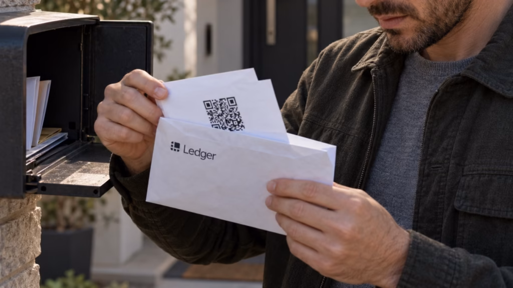 Hombre abriendo una carta con el logotipo de Ledger y un código QR, utilizada para ilustrar una estafa con criptomonedas