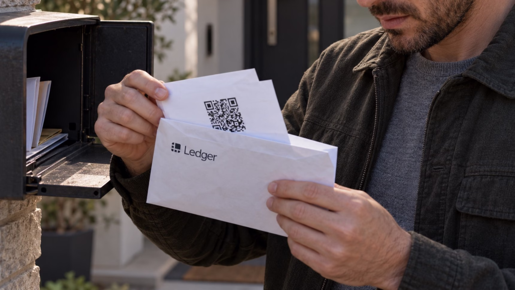 Hombre abriendo una carta con el logotipo de Ledger y un código QR, utilizada para ilustrar una estafa con criptomonedas
