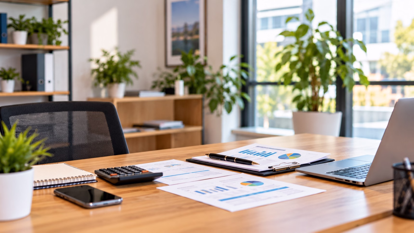 Mesa de trabajo con documentos financieros, calculadora y ordenador para el análisis de operaciones de crédito.